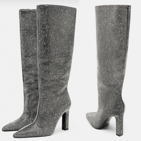 Zara Shoes - Zara NWT ✨ silver rhinestone Jeweled, sparkly bedazzled knee high heeled boots